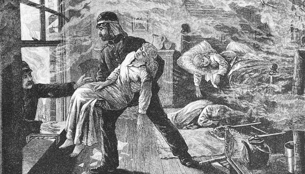 Bombero rescatando vctimas de un incendio (s.XIX)