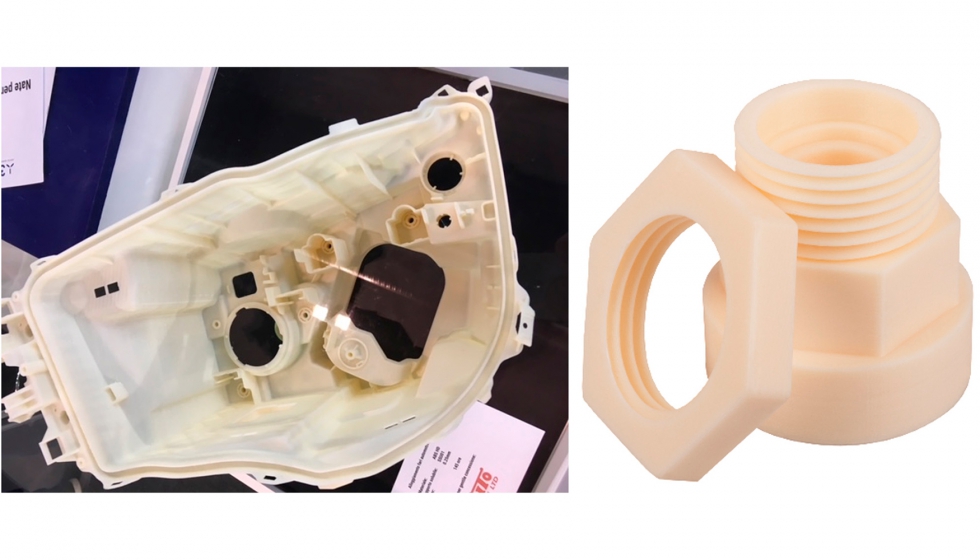 Piezas hechas con ABS de ElixPolymers. Izquierda: Carcasa de faros de automvil impresa con el material Elixr-ABS 3D HI...