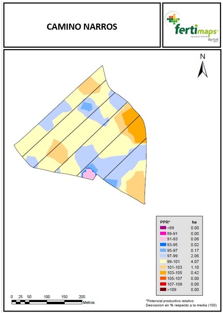 Figura 4. Mapa de zonas de manejo donde se muestra el potencial productivo relativo de la parcela (Fuente: AgriSat Iberia S.L.)...