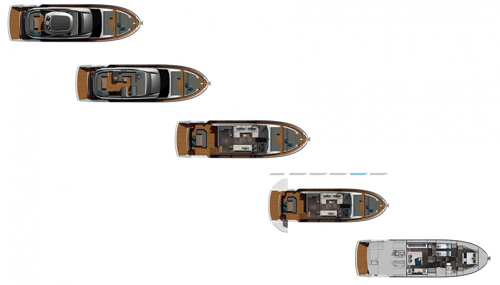 Planos de la cubierta superior con flybridge, superior, principal, principal con aperturas laterales e inferior