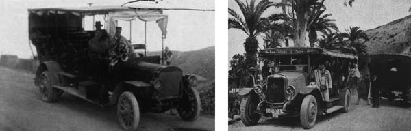 Autobuses de Gran Canaria (izquierda, de 1914; derecha, de 1930). El neumtico antiguo era slido, pero en la dcada de 1930 ya incorporaban cmara...