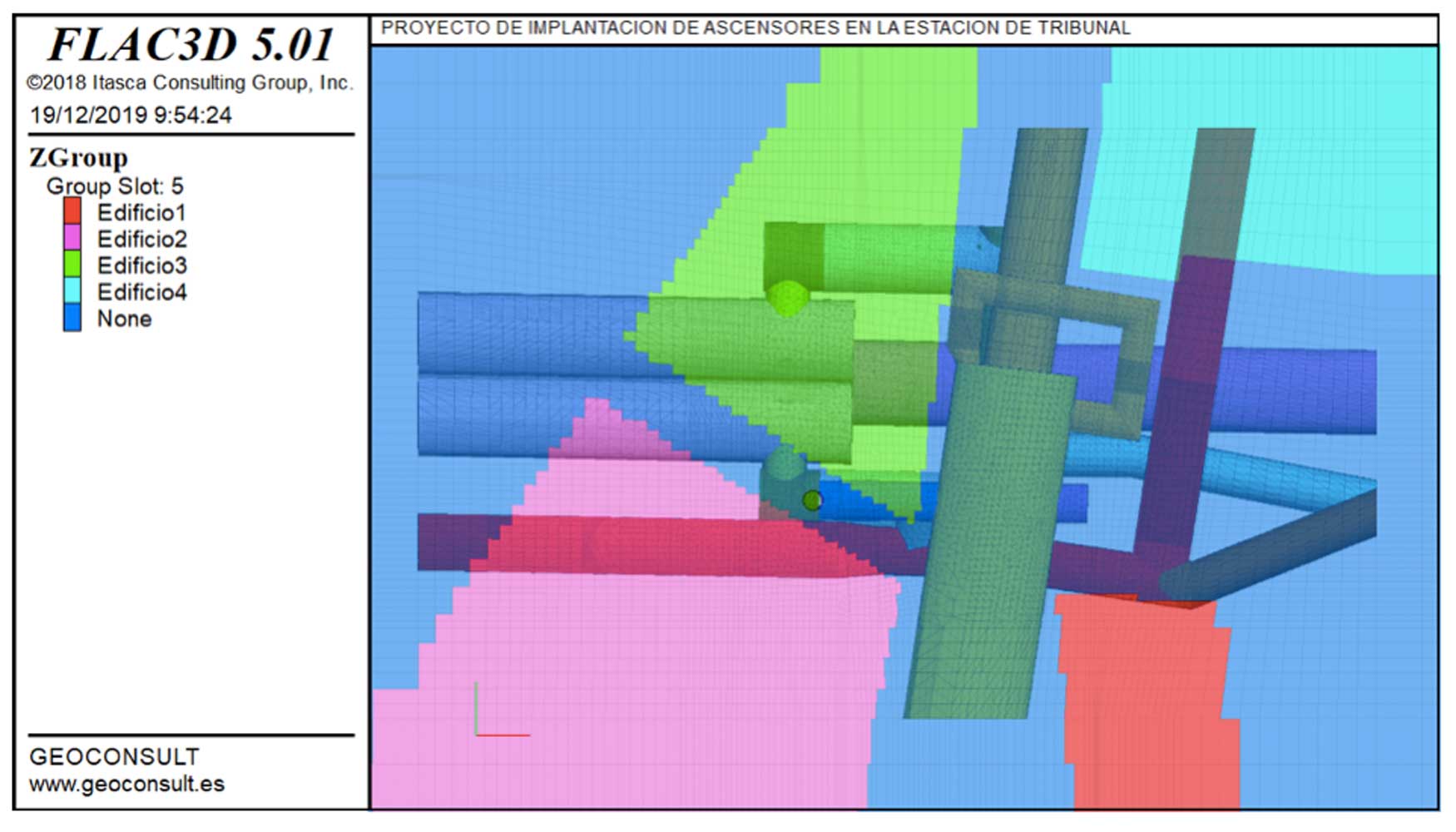 Figura 13.- Vista superior del modelo 2 con los elementos modelizados (la proyeccin en color representa los edificios afectados)...
