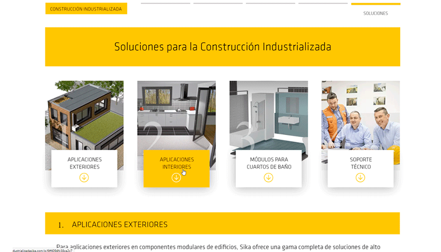 Aspecto de la web especfica de Sika de soluciones para la construccin industrializada