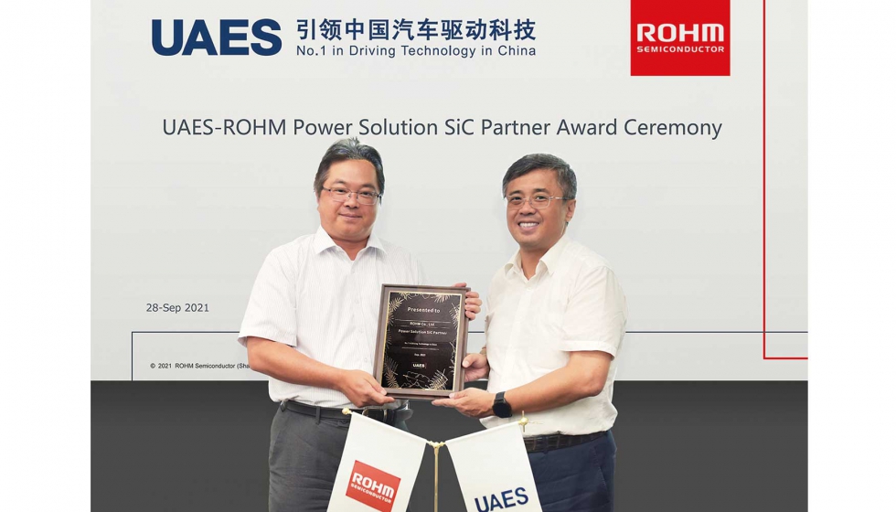 A la izq., Raita Fujimura, presidente de Rhm Semiconductor (Shanghai) Co., Ltd. A la dcha., Guo Xiaolu, director general adjunto de la UAES...