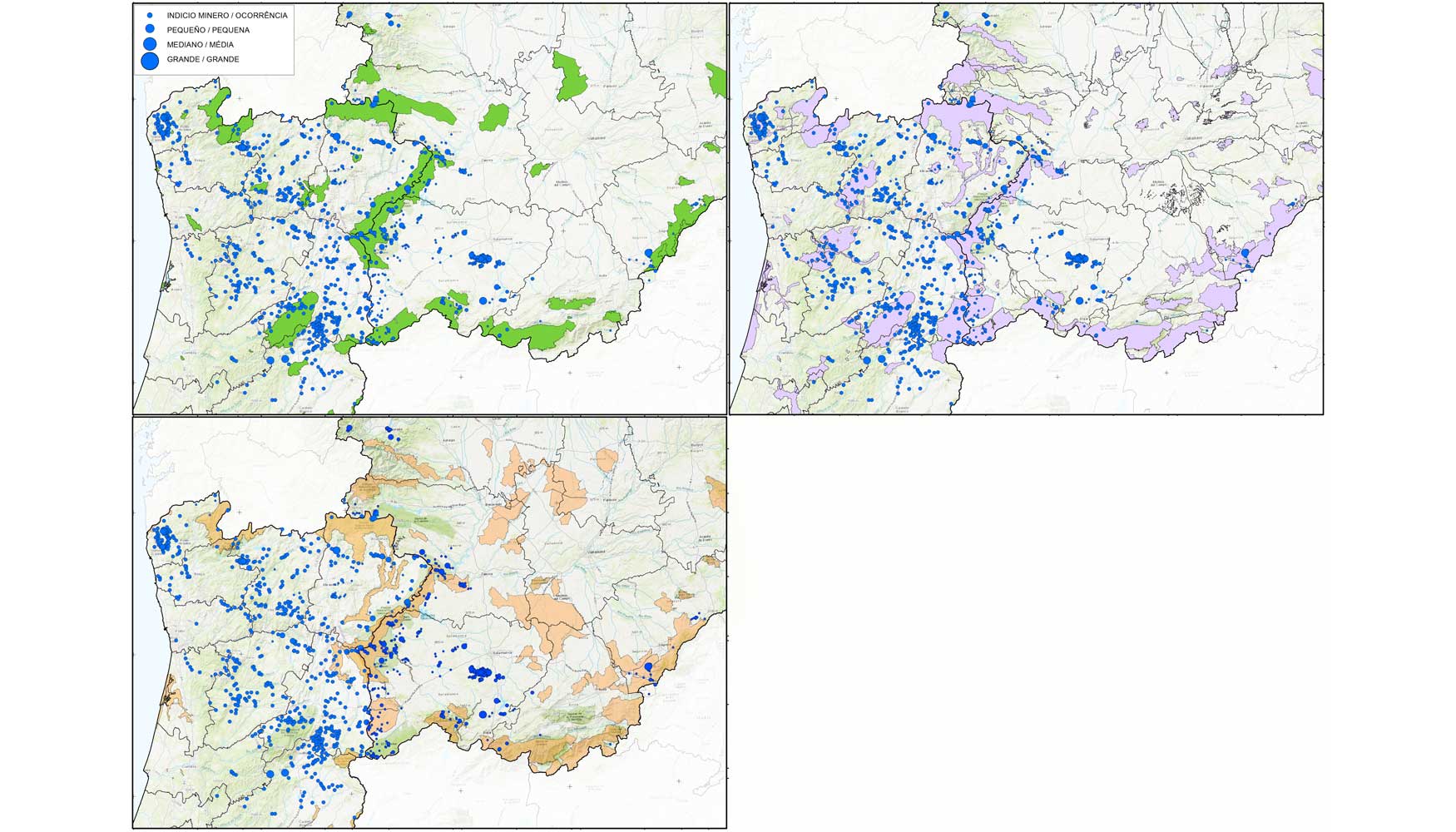 Figura 1. Mapas de interferencia entre los registros mineros de W-Sn (Nb, Ta, Be, Bi) del rea de estudio y las zonas con proteccin medioambiental...