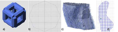 Figura 3. a) Diseo de celda; b) Seccin de las barras; c) Mandbula con estructura d) Una de las capas