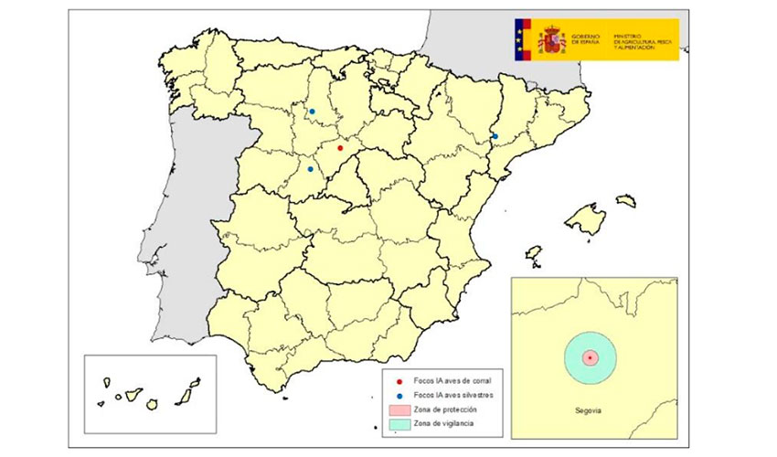 Localizacin de los focos de IAAP detectados en 2022 en Espaa. Fuente: MAPA
