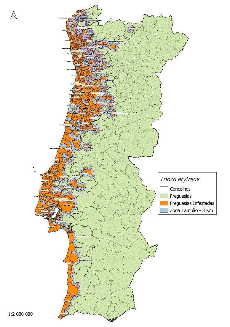 Figura 3. Mapa atualizado a 25/11/2021 das freguesias infestadas por Trioza erytreae (psila-africana-dos-citrinos). Fonte:https://www.dgav...