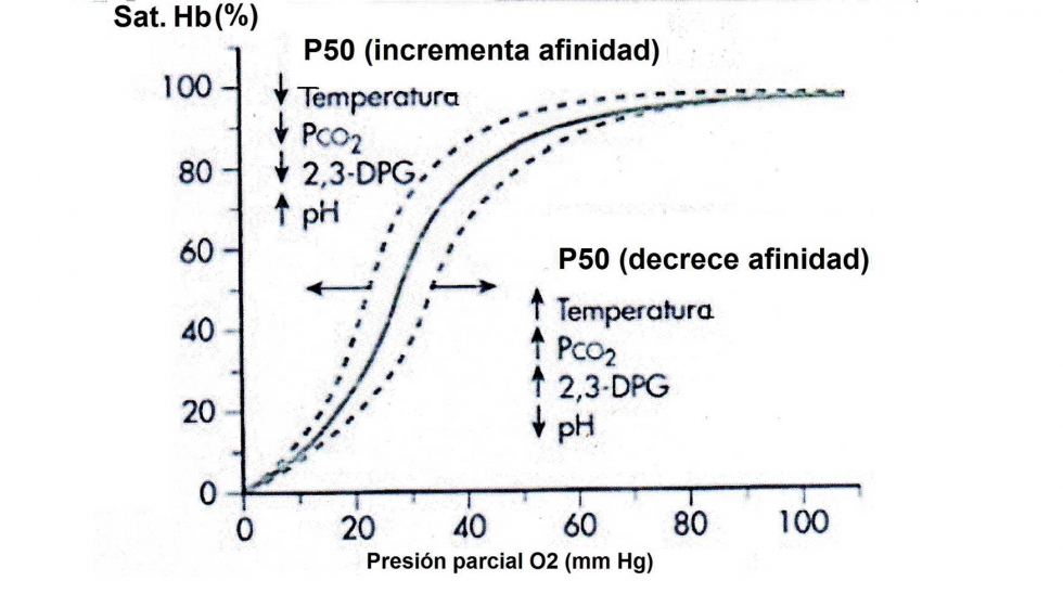 Figura 1: Curva de la disociacin de la oxihemoglobina (HbO) por el PH, temperatura CO2 y 2,3-difosfoglicerato (2,3-DPG)...