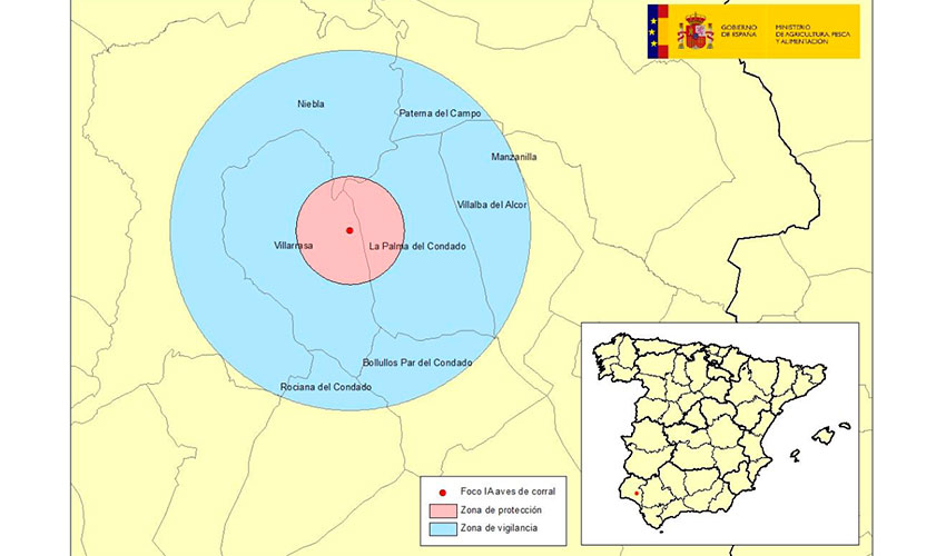 Localizacin del foco en la explotacin de Villarrasa (Huelva). Fuente: Ministerio de Agricultura, Pesca y Alimentacin (MAPA)...