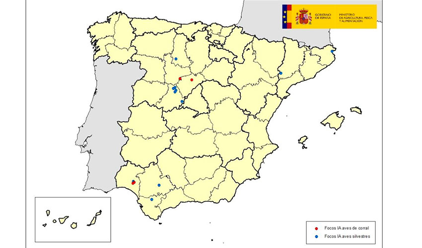 Localizacin de los focos de IAAP detectados en 2022 en Espaa