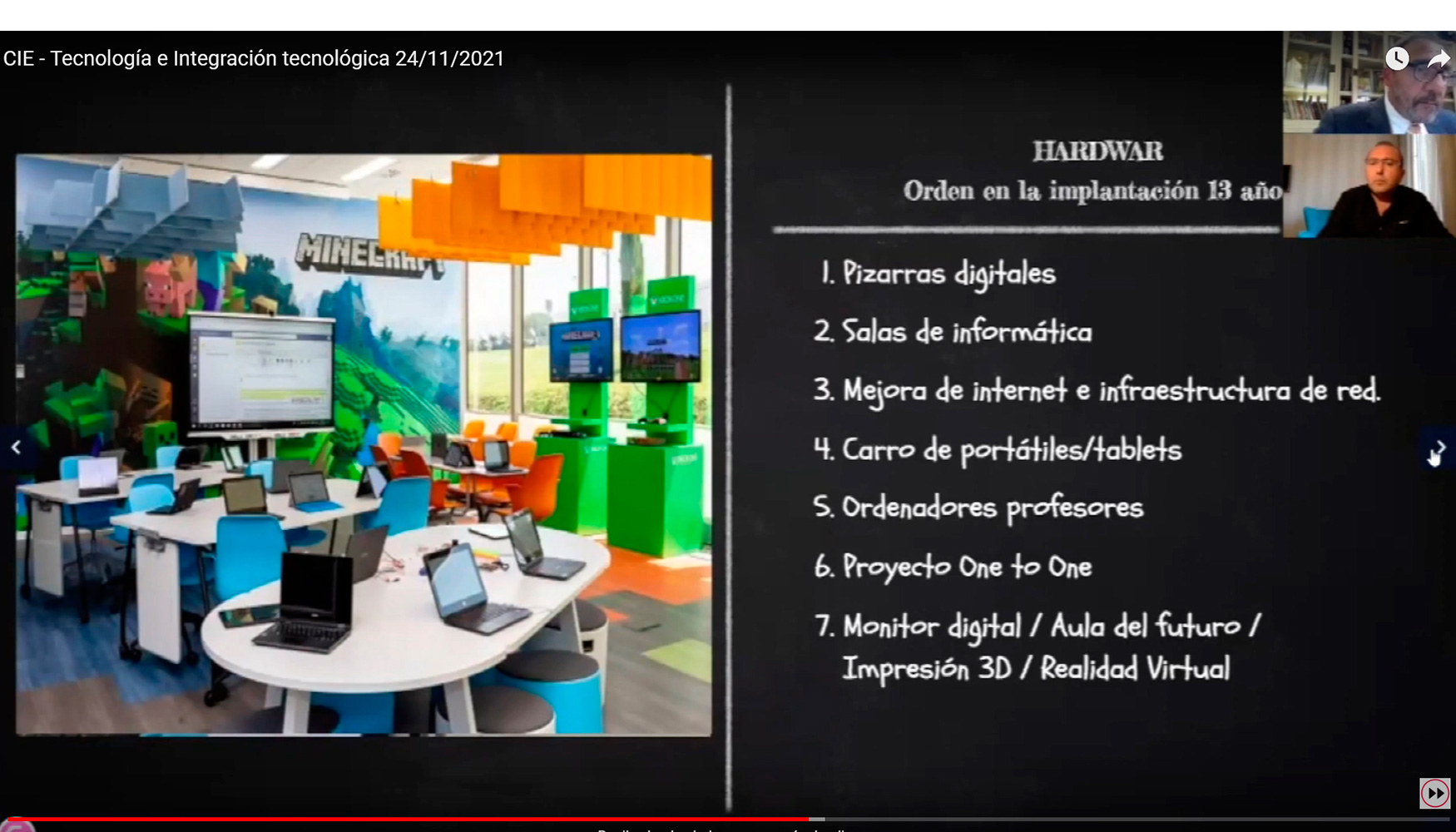 El proyecto de innovacin del Colegio Arula, hasta la actualidad, se basa en estos siete puntos resumidos en la pantalla...