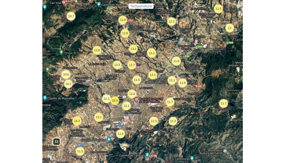 Plano de estaciones meteorolgicas ya instaladas en el Alt Peneds donde se puede ver la temperatura registrada