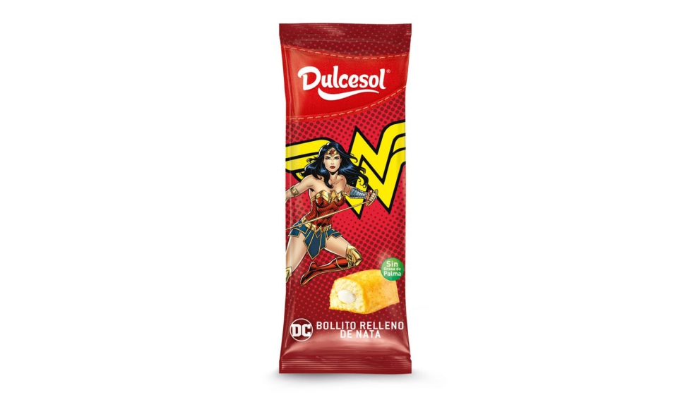 Tambin encontramos licencias en productos de alimentacin y bollera. En la imagen, un bollo de Dulcesol con la imagen de Wonder Woman...