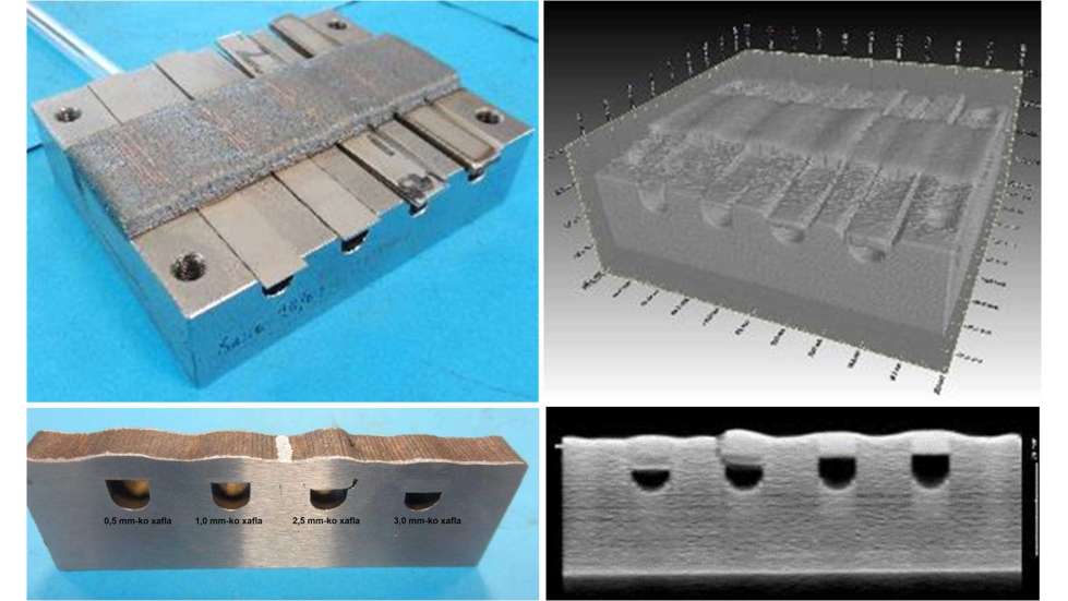 Imagen 4. Superior izquierda: canales de refrigeracin creados sobre muestra de troquel. Superior derecha: anlisis tomogrfico de la muestra...