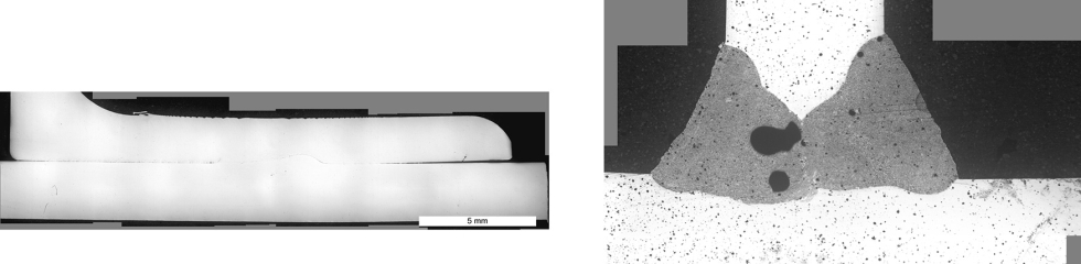 Micrografas de piezas soldadas por FSW (izquierda) y LBW (derecha)