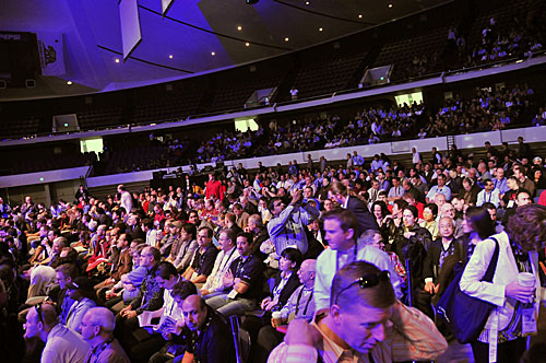 The 'Arena' of the Anaheim Convention Center has given room to 5,000 attendees at SolidWorks World 2010 during the first general presentation...