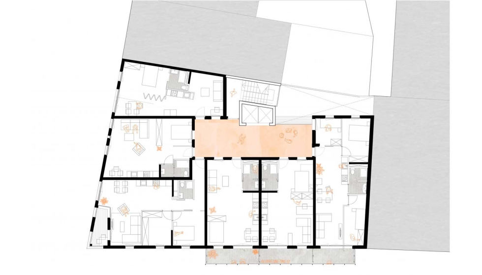 Plano del diseo de las viviendas de Cirerers, donde los espacios de uso privativo convergen con los colectivos