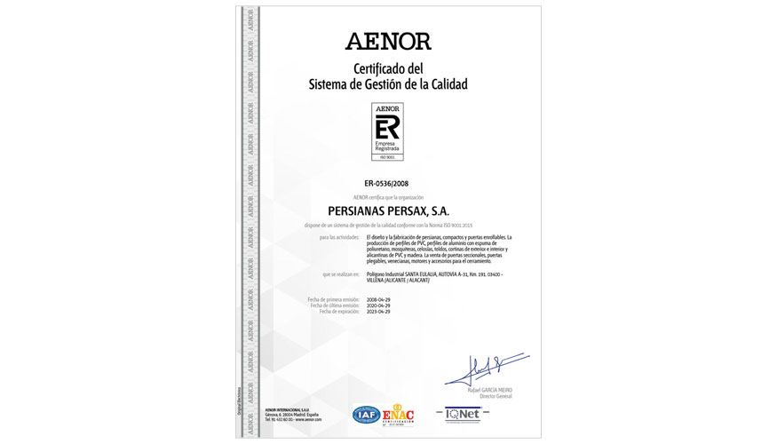Certificado Aenor del Sistema de Gestin de Calidad de Persax