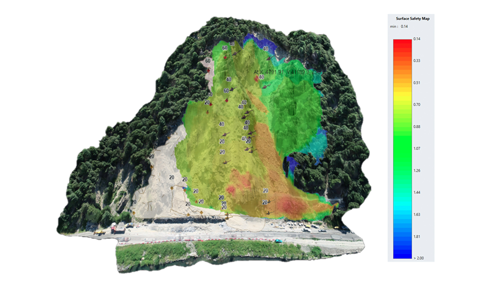 Fig. 10.- Factor de Seguridad del talud-ladera tras la implementacin de soportes zonificados, obtenido mediante Slide3