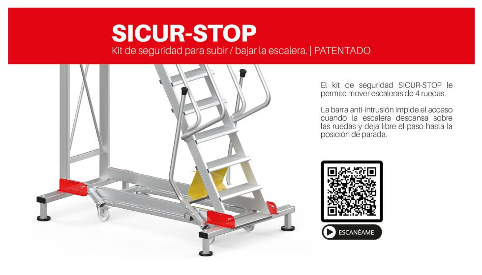 Sicur- Stop, sistema patentado de Faraone Escaleras y Andamios S.L. para utilizar en seguridad las escaleras con plataforma y ruedas. www.faraone...