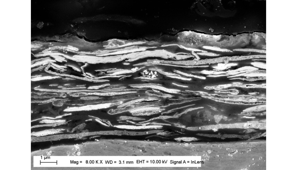 Seccin transversal de un recubrimiento de zinc lamelar Geomet mostrando las lminas de zinc y aluminio