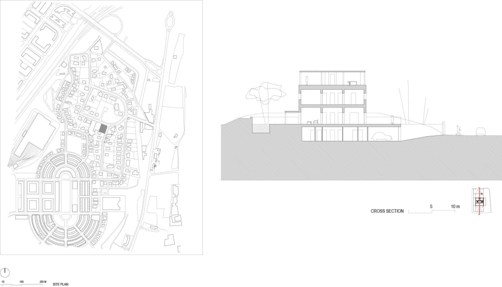 Plano de situacin de este proyecto arquitectnico y su seccin lateral, donde se vislumbra la distribucin de las plantas de esta residencia privada...
