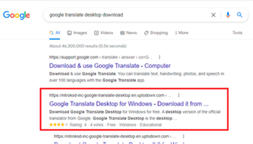 Figura 1. Resultados principales para Google Translate Desktop download