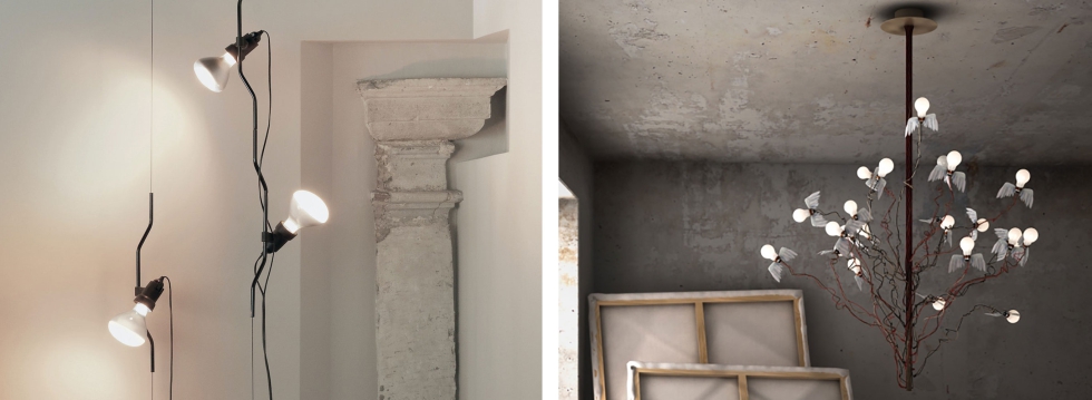 Dos ejemplos de luminarias de �dise�o ic�nico�, como son Parentesi de Castiglioni y Birds de Ingo Maurer...
