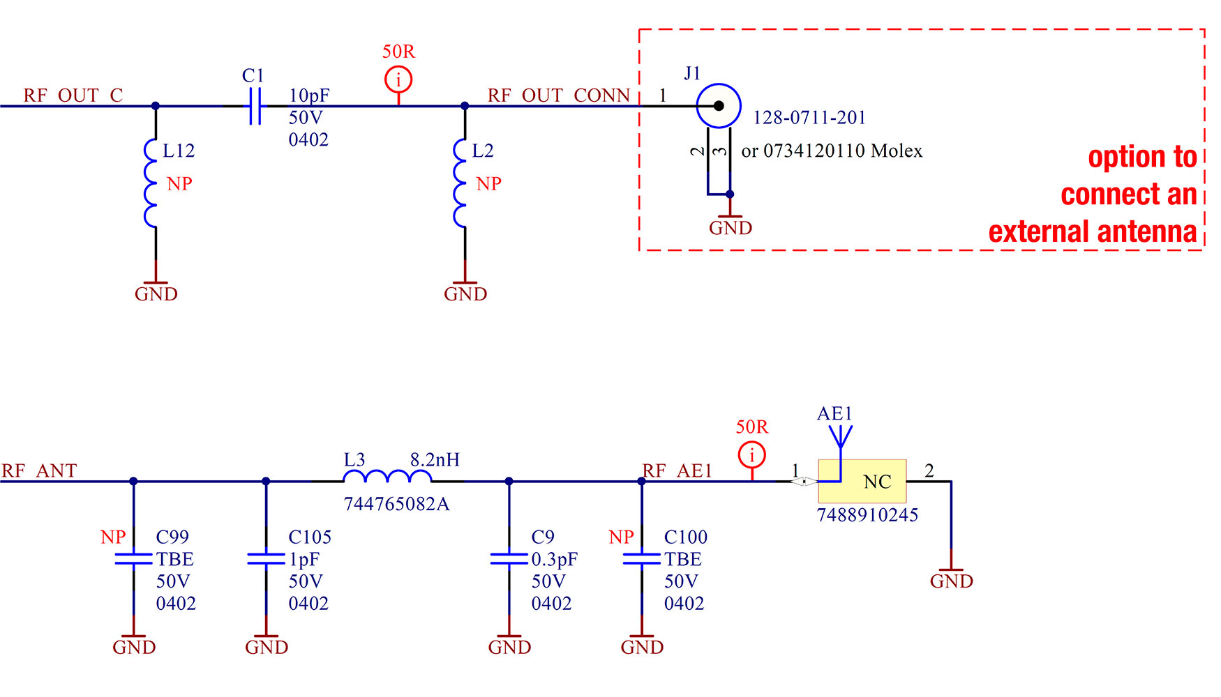 Figura 4: Redes de adaptacin para antenas, diagrama de circuito y seccin del diseo correspondiente. C99 y C100 no se han montado...