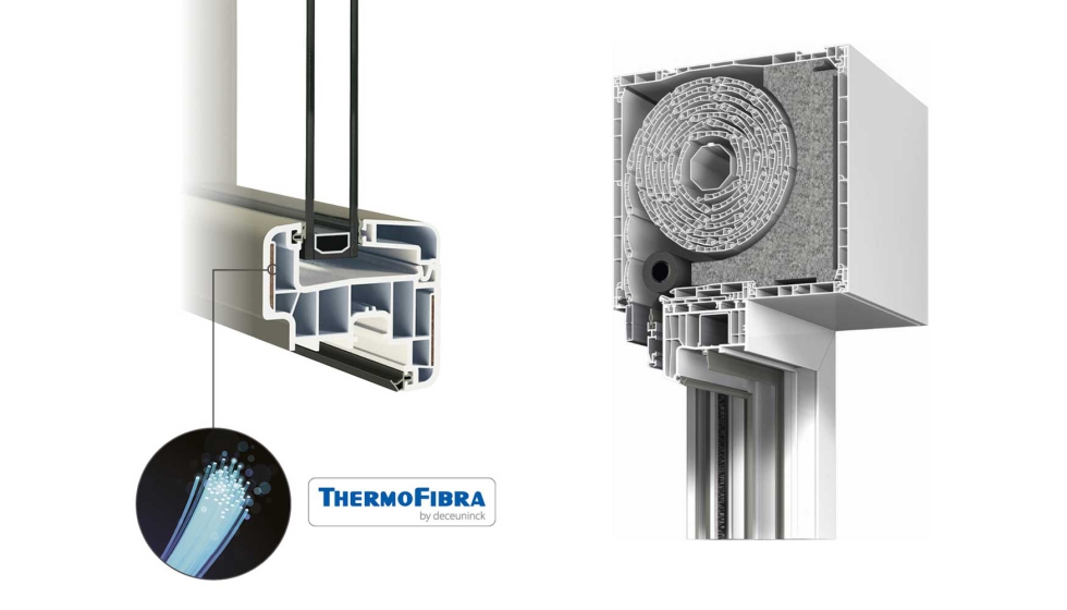 A la izquierda, ThermoFibra, el material a base de fibra de vidrio rgida que queda integrado en la masa del PVC en el proceso de extrusin...
