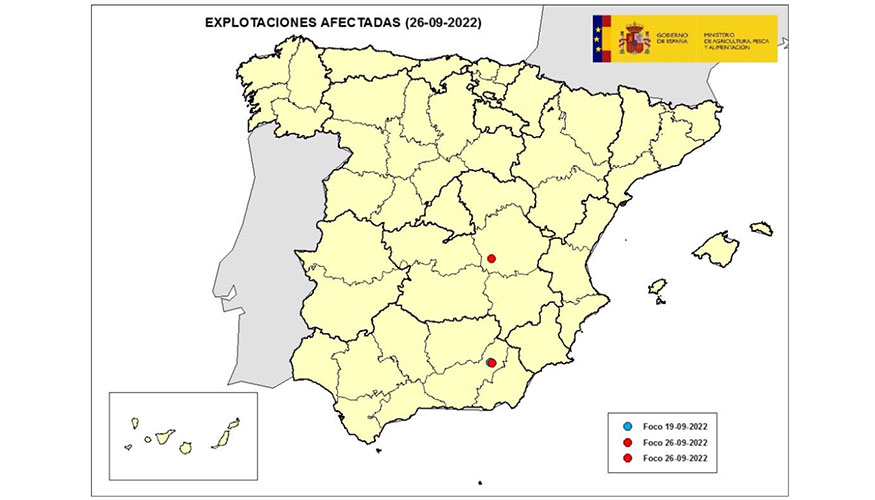 Localizacin de las explotaciones afectadas en Espaa por viruela ovina y caprina