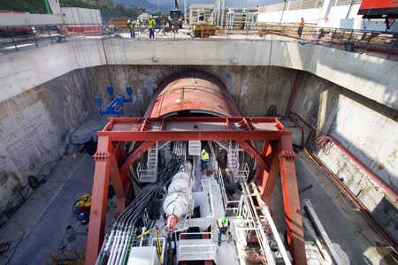 During the works, a tunnel boring machine works for burying of railway