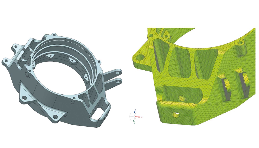Figura 2: Modelo 3D de la mangueta original (izquierda) y visualizacin parcial del modelo 3D mallado con elementos CTETRA (4)...