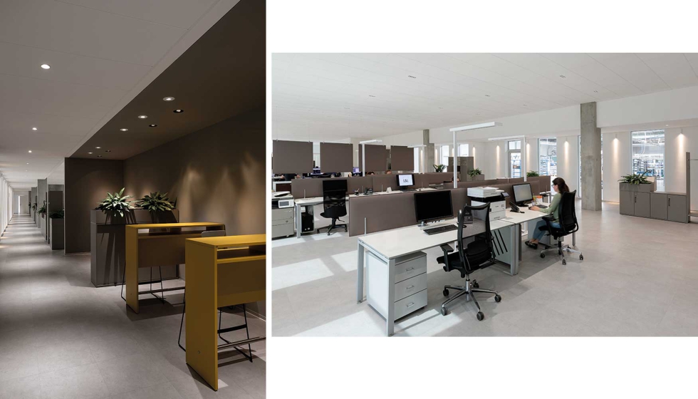 Para iluminar los pasillos y �reas comunes se han empleado empotrados Combina D que ofrecen una calidez y confort visual a los trabajadores de la...