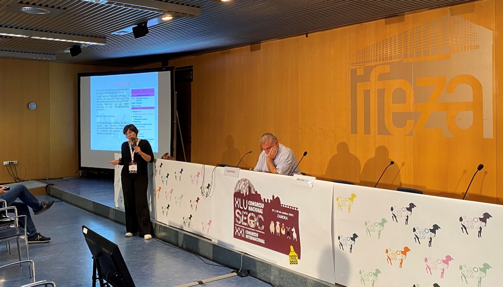 Anna Grau presenta su ponencia en el Congreso de la SEOC ante Valentn Prez, catedrtico de la Universidad de Len...