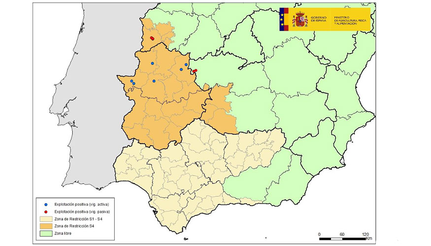 Mapa con la localizacin de focos del serotipo 4 de la lengua azul en Espaa en el presente ejercicio 2022