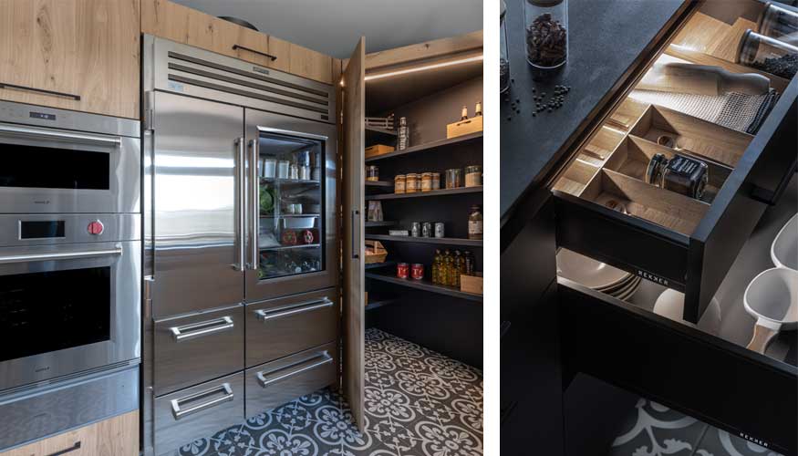 Una cocina que cuenta con infinidad de espacio aprovechables para su almacenamiento