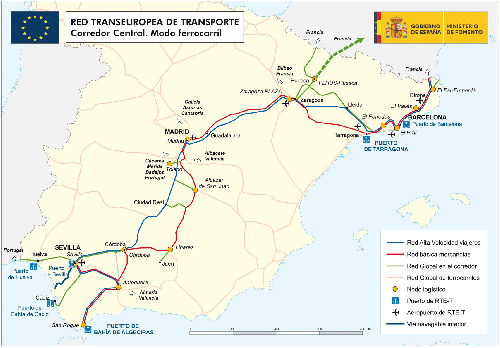 Mapa del corredor central de la red transeuropea de ferrocarril