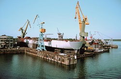 Cranes in the Trave River port, Lubeck, Germany