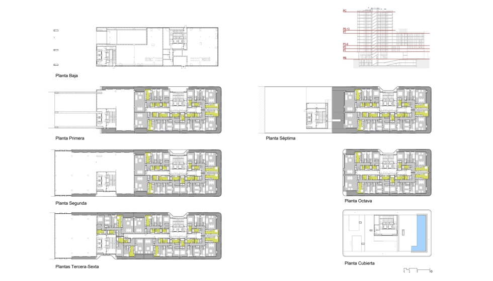 Planos de cada una de las plantas de la Torre El Rengle, que ocupa una superficie construida de 14.500 m2