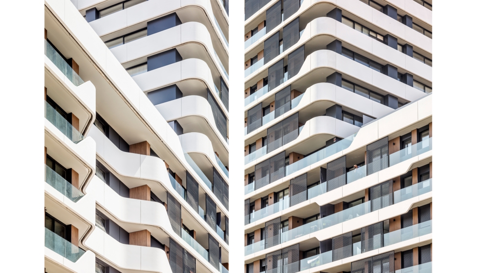 Detalle de los elementos industrializados en fachada, que permiten generar geometras curvas de gran impacto visual