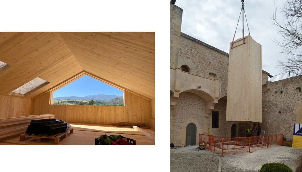 A la izquierda estructura en CLT de una vivienda situada en el sur de Francia; Derecha ascensor en madera para el Castillo de Mahn...