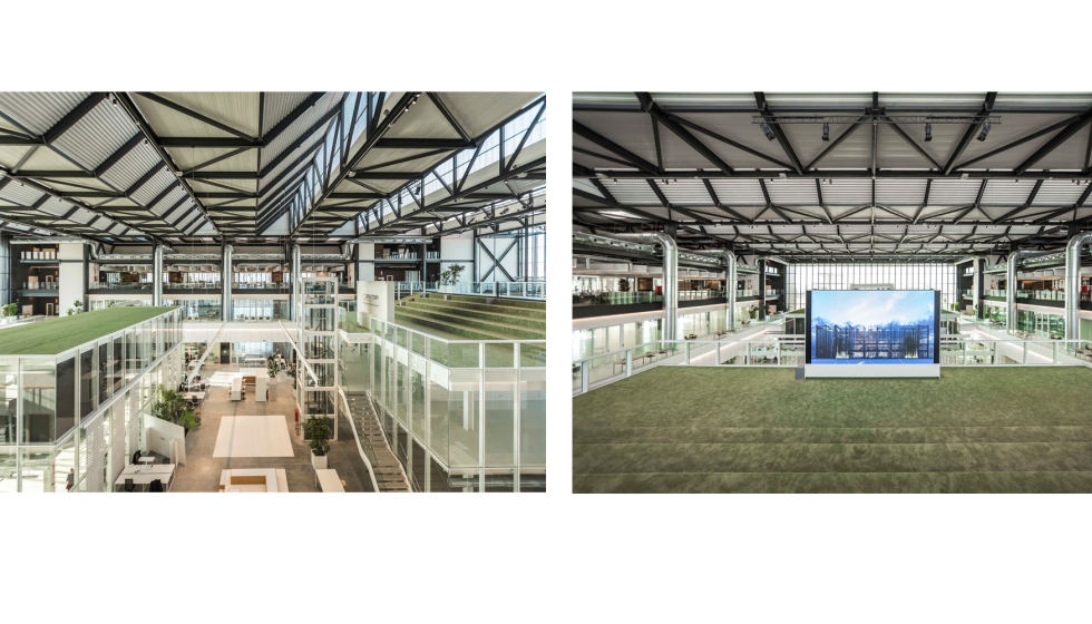 Imagen donde se aprecian los cubculos en planta baja y los espacios de coworking en plantas 1 y 2. Debajo, detalle del auditorio...