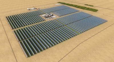 La planta Shams-1 tendr una potencia de 100 MW y casi 600.000 m de colectores cilindro-parablicos. Foto: Abengoa Solar...