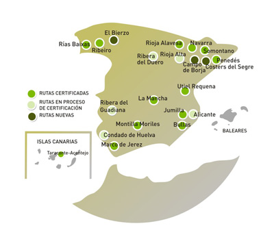 Mapa con las Rutas del Vino de Espaa que actualmente forman parte del Club de Producto