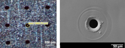 Figura 2: Microtaladrado en chapa de 1 mm de acero inoxidable (a) y lmina de vidrio metlico (aleacin de Nquel) de 50 m de espesor (b)...