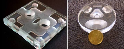 Figura 10: Componentes en vidrios especiales. Placa de aislamiento de Zerodur y pieza de muestra en Borosilicato
