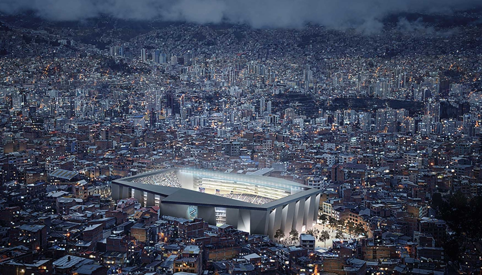 Visualizacin 3D de la propuesta con la que L35 gan el concurso para el diseo del futuro estadio Bolvar en La Paz, Bolivia. Imagen L35...