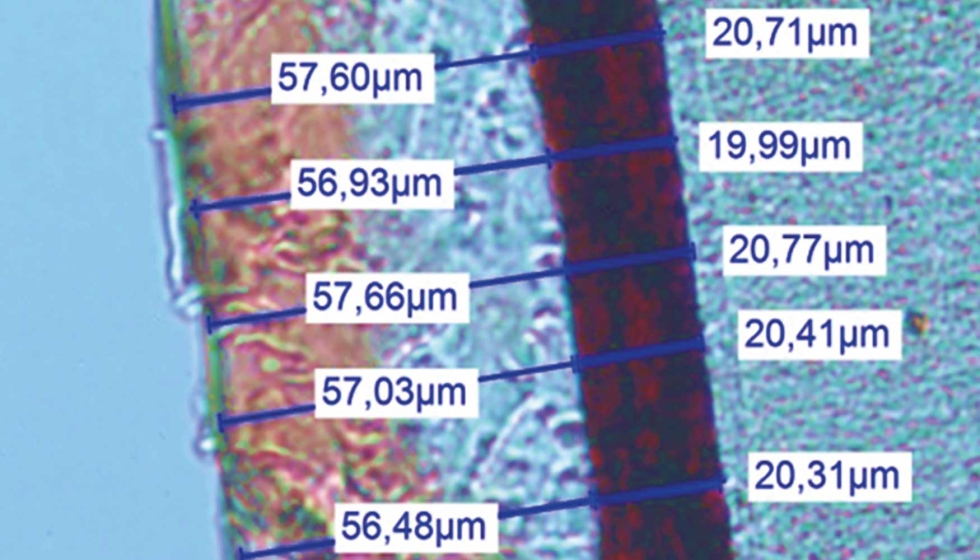 Ilustracin 4. Microfotografa (20 aumentos) de la seccin superficial de una pieza de plstico con recubrimiento